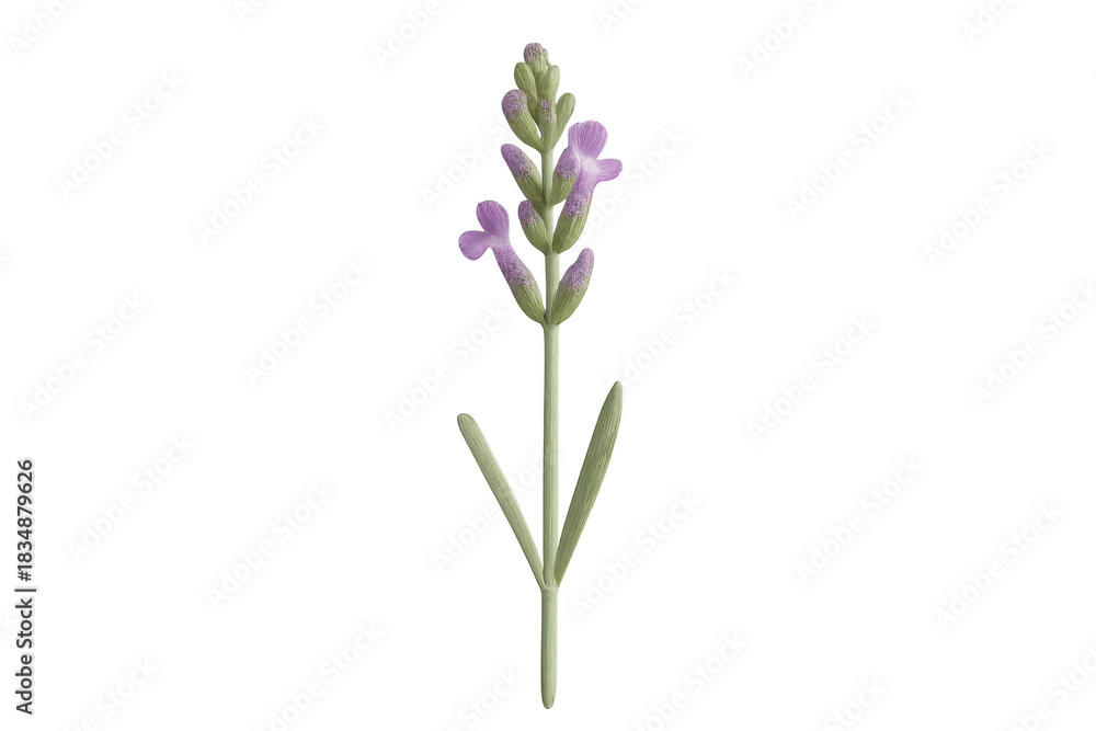Obraz premium Lavender sprig blooming on a stem with purple flowers, green leaves, and buds, creating natural beauty, transparent background