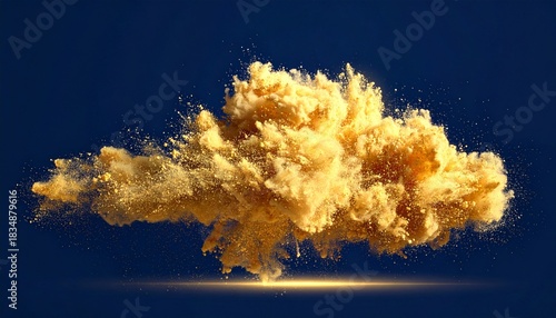 A captivating shot of a vibrant golden dust explosion with intricate detail against a contrasting dark blue backdrop, evoking energy and chaos. 
