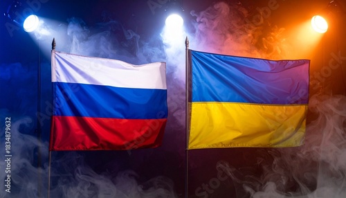 Ukraine and Russia flags on poles with dramatic lighting and smoke effects.