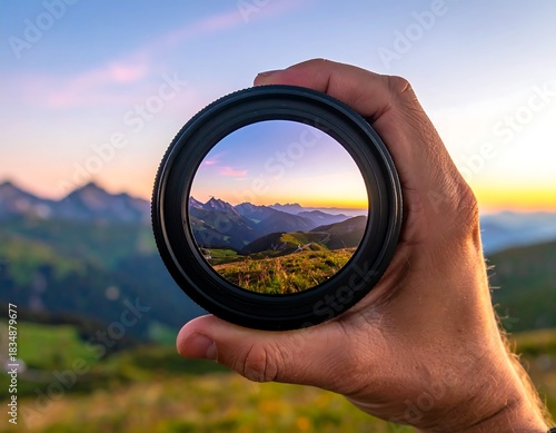 Hand holding a lens framing a scenic vista of mountains at sunset