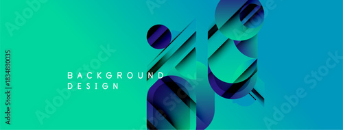 Abstract geometric shapes overlap turquoise, blue gradients. Modern design suggests technology, innovation, dynamic movement. Clean aesthetic.