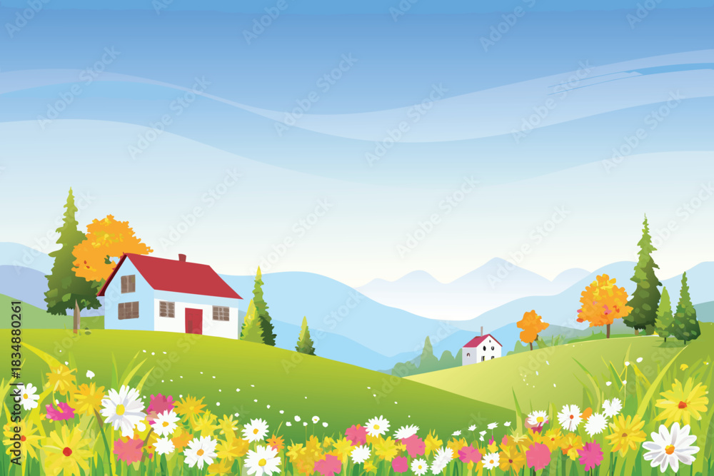 Naklejka premium a picturesque view of a cozy house nestled within a vibrant landscape