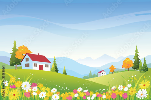 a picturesque view of a cozy house nestled within a vibrant landscape