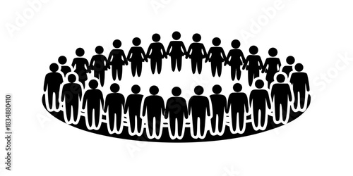 Top-down view of diverse people silhouettes arranged in a circular pattern, isolated black vector figures representing community, crowd, social group, and human diversity concept.