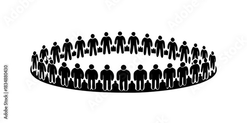 Top-down view of diverse people silhouettes arranged in a circular pattern, isolated black vector figures representing community, crowd, social group, and human diversity concept.