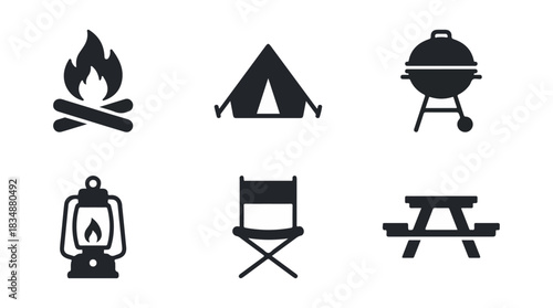 Camping icons collection campfire tent grill lantern chair table symbols