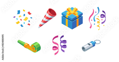Celebration elements gift box confetti streamers party horns and whistles