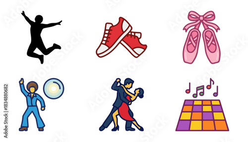 Dance icons sneakers ballet shoes figure dancing tango music