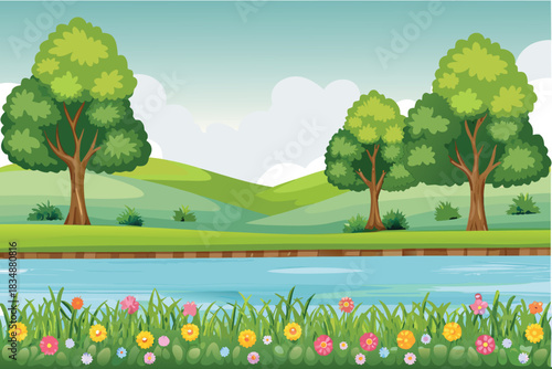 a peaceful landscape featuring a blue river green hills and lush trees