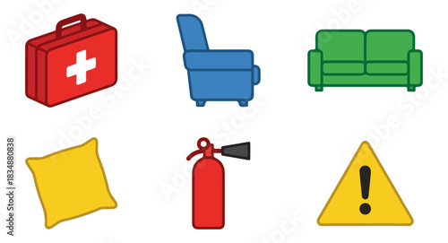 Isometric objects set first aid kit furniture warning sign fire extinguisher
