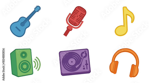 Musical instruments and audio equipment illustrations on dark background