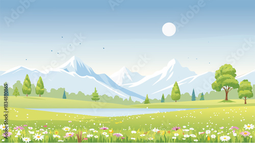 A peaceful landscape featuring mountains a lake trees and a bright moon