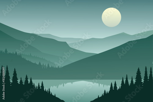 A serene landscape of mountains water and a bright full moon at