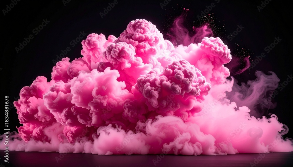 Fototapeta premium A vibrant pink cloud explodes dramatically against a dark backdrop. The dynamic composition and striking color palette evoke a sense of power, change, and artistic flair.
