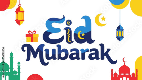Colorful Eid Mubarak Celebration Festive Design with Islamic Elements and Decorations