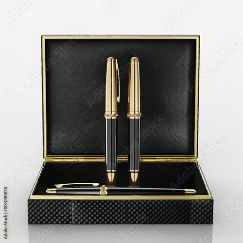 Luxury pen set in elegant box with reflection