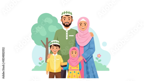 Muslim Family Illustration Parents and Children in a Happy Portrait, Outdoors, Together