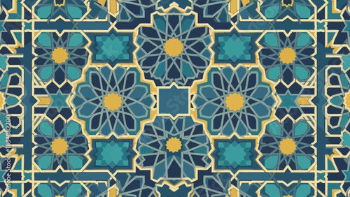 Geometric Islamic Pattern A Repeating Design of Intricate Shapes in Teal and Gold