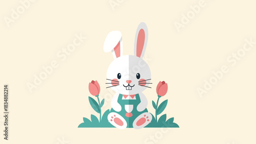 Easter Bunny With Tulips And Butterflies Cute Illustration