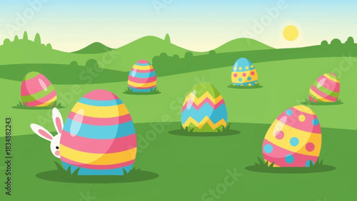 Easter bunny hiding behind a colorful decorated egg during a traditional spring holiday egg hunt in a green meadow