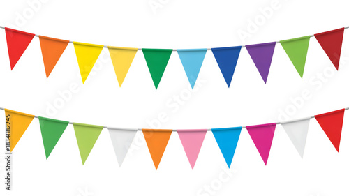Carnival garland, birthday party decoration. Rainbow Pennant Banner Flags. Colorful multicolored flags image transparent