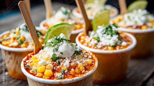 Fototapeta Naklejka Na Ścianę i Meble -  Vibrant Mexican Street Corn Esquites Served in Small Cups with Creamy Toppings, Fresh Cilantro, and Zesty Lime, Captured with Rich Colors and a Dynamic Composition.