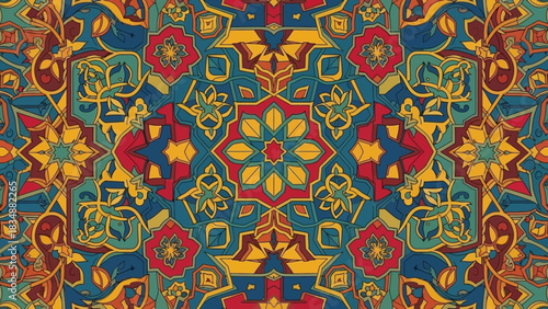 Vibrant Geometric Kaleidoscope Pattern in Rich Colors for Decorative Design and Backgrounds