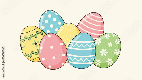 A collection of beautifully decorated Easter eggs featuring various cheerful patterns and colors