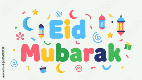 Colorful Eid Mubarak Illustration with Festive Decorations and Celebratory Text Design