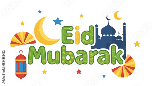 Stylized Eid Mubarak greeting typography decorated with a mosque, crescent moon, stars, and traditional lanterns for the holy month