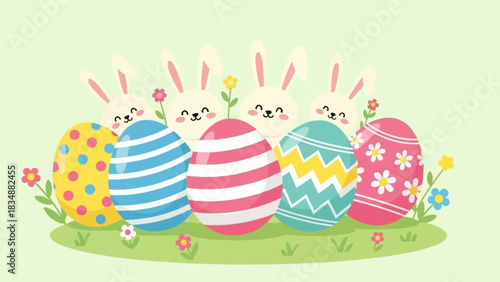 Cute Easter Bunnies and Decorated Eggs on a Grassy Field with Flowers
