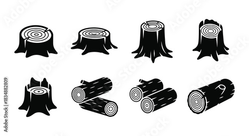 Black and white illustration of tree stumps logs and cross sections