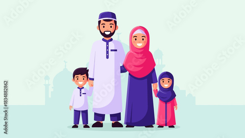A happy Muslim family, embracing their love and heritage in vibrant cultural attire