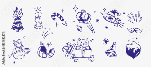 Doodle set with cute festive icons: cat in a gift box, cosmic elements, candles, tree, ornaments, sweets, and holiday symbols. Minimal black ink illustrations.