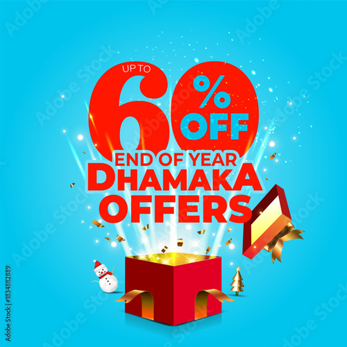Red Gift box revealing 60% off end of year dhamaka offer logo. Sale promotion deal discount banner design.