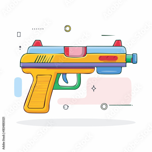 A vibrant and colorful cartoon illustration of a toy water gun, featuring bright yellow, blue, red, and green colors on a white background with abstract shapes.