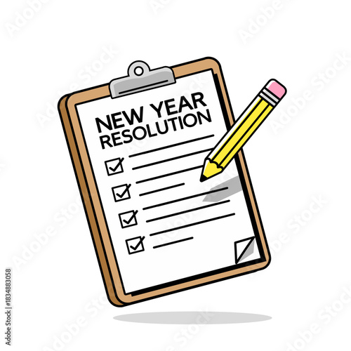 Cartoon Clipboard with New Year Resolution Checklist and Pencil Illustration, clipboard with checklist