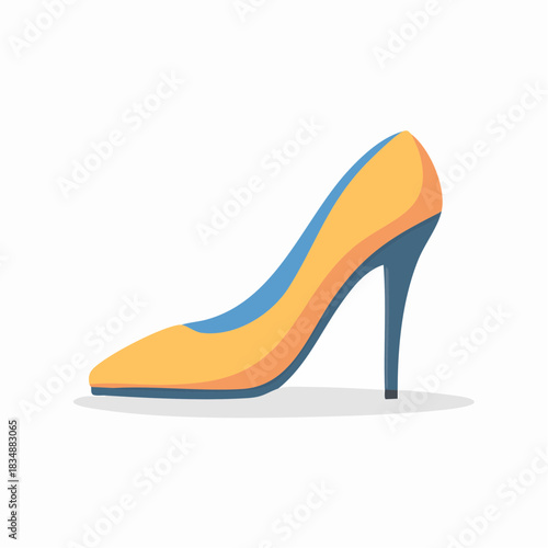 A single yellow and blue high heel shoe with a pointed toe and stiletto heel.