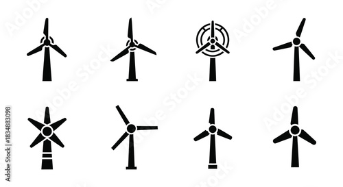 Collection of diverse wind turbine designs shown in a simple black and white illustration