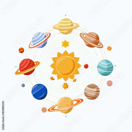 Colorful cartoon illustration of the solar system with the sun and eight planets orbiting, depicting celestial bodies in space.