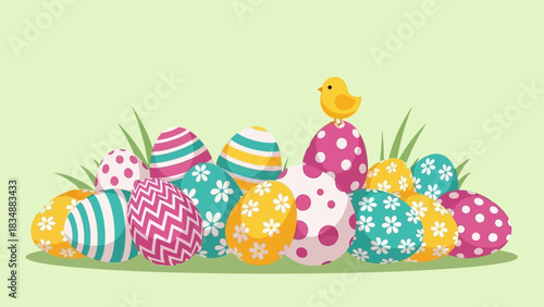 Vibrant collection of decorated Easter eggs with a cute yellow chick on a spring grass field, perfect for holiday celebrations and festive designs
