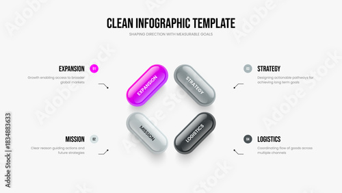 Digital Strategy 4 Step Infographic Frame Design. Market Launch Four Element Diagram Slideshow Template. Investor Growth Slide Layout Vector Illustration.