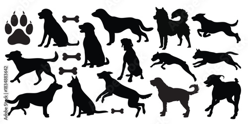 Dog Silhouette Vector Set – Pet Animal Icons, Paw Print, Bone Elements Collection