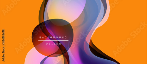 Abstract design features overlapping colorful layers. Orange backdrop complements purple, blue hues. Text reads background design. Modern, vibrant composition.