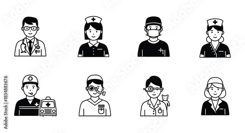 Diverse healthcare professionals depicted as simple black and white line art icons