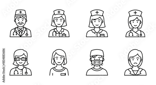 Diverse healthcare professionals depicted as simple black and white line art icons