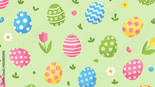 Festive Easter eggs pattern with tulips and daisies on a soft green background