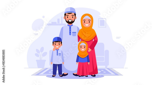 Happy Muslim Family in Traditional Attire Celebrating Together in a Cozy Home