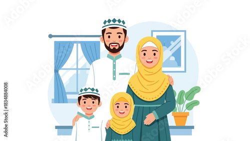 Joyful Muslim Family Portrait Parents and Children in Traditional Attire, Celebrating Culture and Togetherness