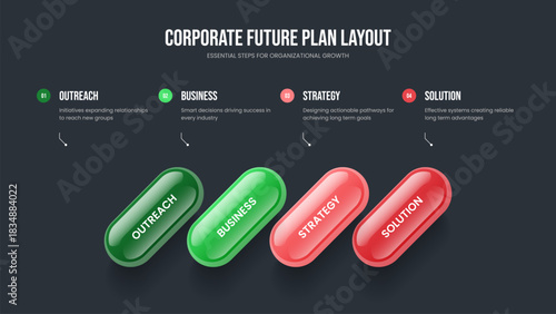 Creative Growth 4 Step Diagram Slide Design. Company Report Four Element Infographic Frame Template. Advertising Plan Slideshow Layout Vector Illustration.